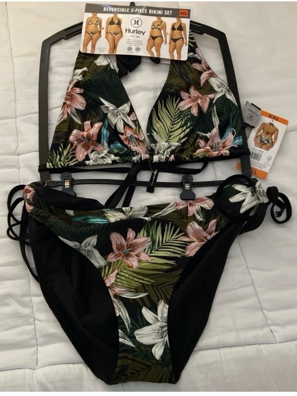 Hurley Reversible Floral Tropical Bikini Set - Black & Green plus size xxl